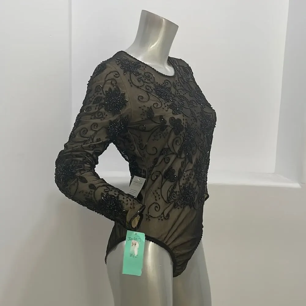 Bob Mackie Special Occasion Beaded Long Sleeve  Bodysuit Black Size S - Picture 4 of 14